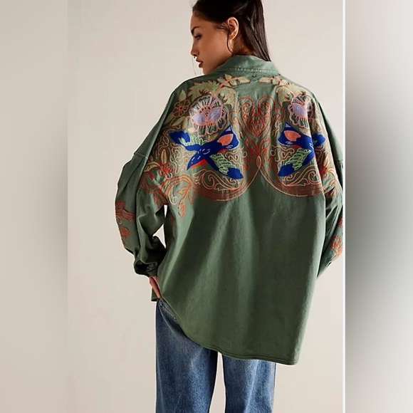 We The Free Green Embroidered Button Down Shirt - Picture 2 of 11